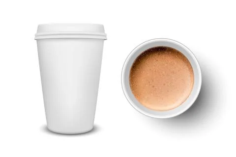 Vector 3d Realistic Paper White Disposable Cup with Milk Coffee, Foam Set イラスト素材