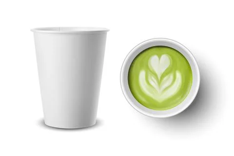 Vector 3d Realistic Paper White Disposable Cup Set Isolated with Green Milk イラスト素材