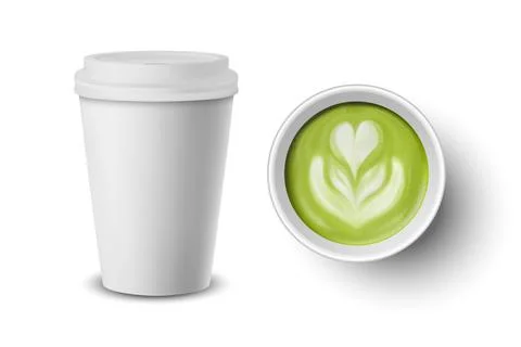Vector 3d Realistic Paper White Disposable Cup with Lid Set Isolated. Green Milk Stockillustratie