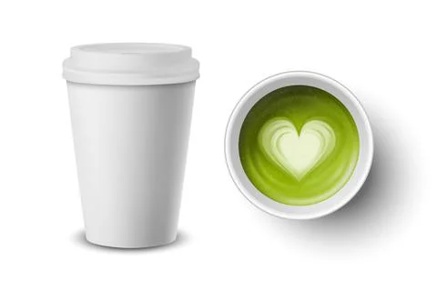 Vector 3d Realistic Paper White Disposable Cup with Lid Set Isolated. Green Milk Stockillustratie