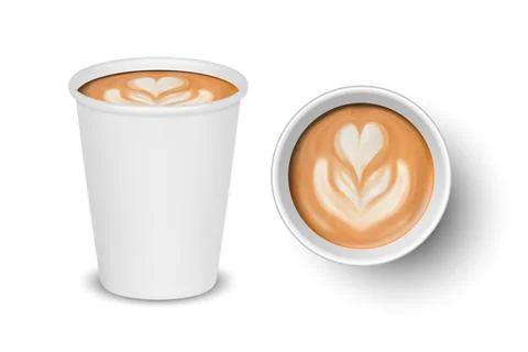 Vector 3d Realistic Paper White Disposable Cup Set Isolated with Milk Coffee Stock Illustration