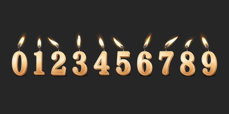 Vector 3d Realistic Paraffin or Wax Burning Golden Birthday Party Candles Stock Illustration