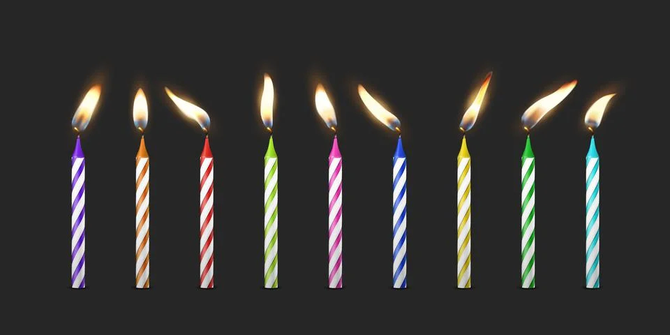 Vector 3d Realistic Paraffin or Wax Burning Birthday Party Candle and Different Stock Illustration