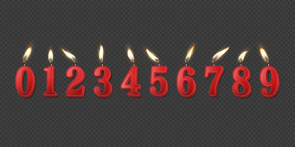 Vector 3d Realistic Paraffin or Wax Burning Red Birthday Party Candles, Numbers Stock Illustration