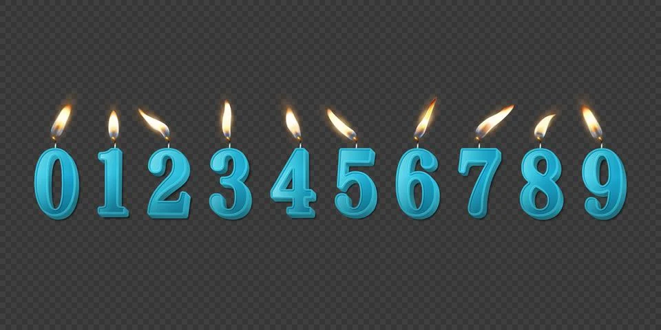 Vector 3d Realistic Paraffin or Wax Burning Blue Birthday Party Candles, Numbers Stock Illustration