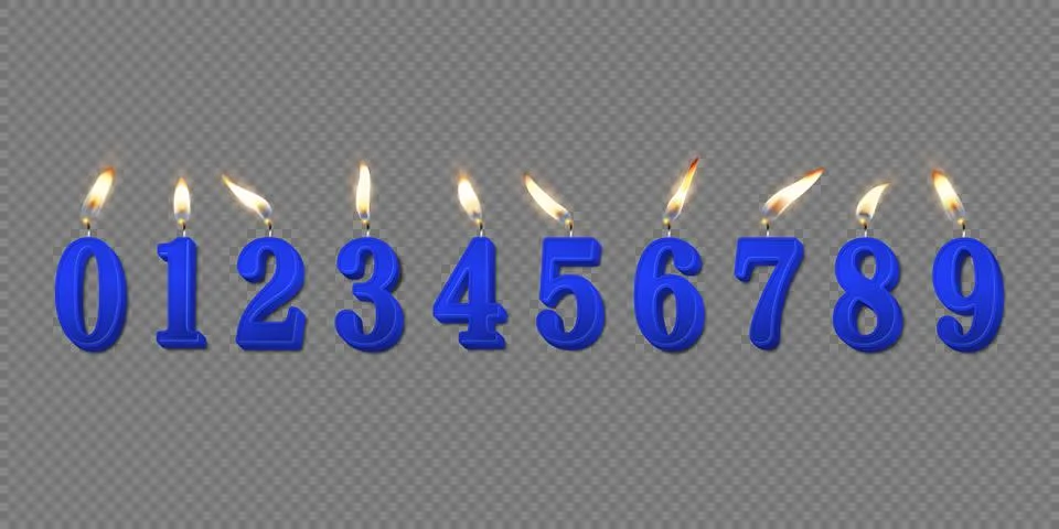Vector 3d Realistic Paraffin or Wax Burning Blue Birthday Party Candles, Numbers Stock Illustration