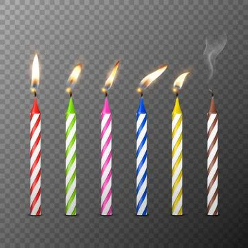 Vector 3d Realistic Paraffin or Wax Burning Birthday Party Candle and Different Ilustração Stock