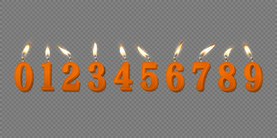 Vector 3d Realistic Paraffin or Wax Burning Orange Birthday Party Candles Stock Illustration