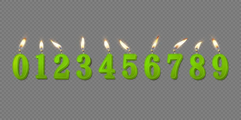 Vector 3d Realistic Paraffin or Wax Burning Green Birthday Party Candles Stock Illustration