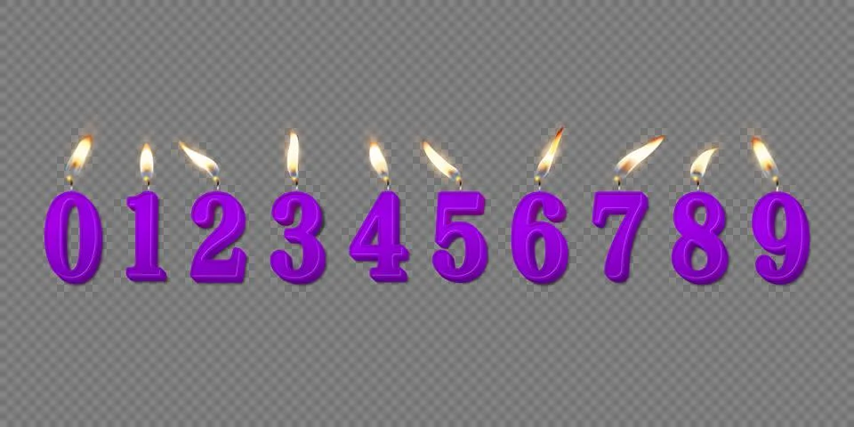 Vector 3d Realistic Paraffin or Wax Burning Purple Birthday Party Candles Stock Illustration