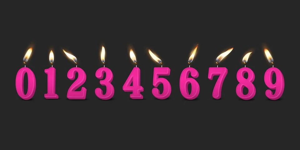 Vector 3d Realistic Paraffin or Wax Burning Pink Birthday Party Candles, Numbers Stock Illustration
