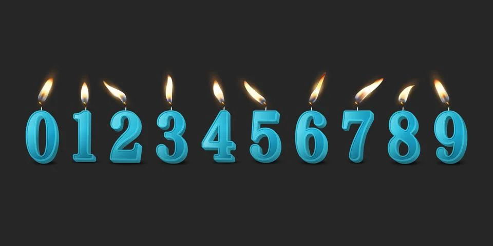 Vector 3d Realistic Paraffin or Wax Burning Blue Birthday Party Candles, Numbers Stock Illustration