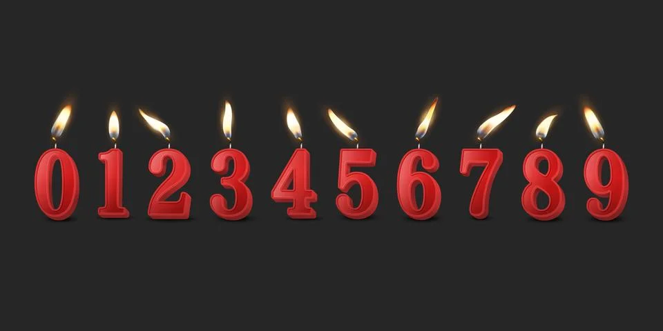 Vector 3d Realistic Paraffin or Wax Burning Red Birthday Party Candles, Numbers Stock Illustration