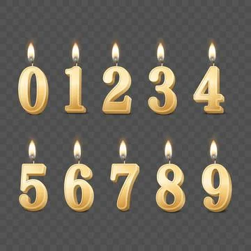 Vector 3d Realistic Paraffin or Wax Burning Yellow Golden Birthday Party Candles Stock Illustration