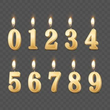 Vector 3d Realistic Paraffin or Wax Burning Yellow Golden Birthday Party Candles Stock Illustration