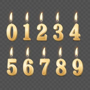 Vector 3d Realistic Paraffin or Wax Burning Yellow Golden Birthday Party Candles Stock Illustration
