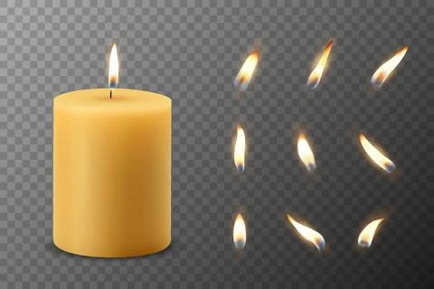 Vector 3d Realistic Paraffin Wax Burning Party, Spa Candle and Burning Flame Set Stock Illustration
