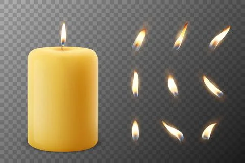 Vector 3d Realistic Paraffin Wax Burning Party, Spa Candle and Burning Flame Set Illustrazione stock