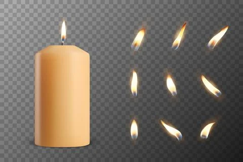 Vector 3d Realistic Paraffin Wax Burning Party, Spa Candle and Burning Flame Set Stock Illustration