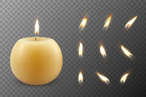 Vector 3d Realistic Paraffin Wax Burning Party, Spa Candle and Burning Flame Set Stock Illustration