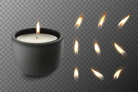 Vector 3d Realistic Paraffin Wax Burning Party, Spa Candle and Burning Flame Set Stock Illustration