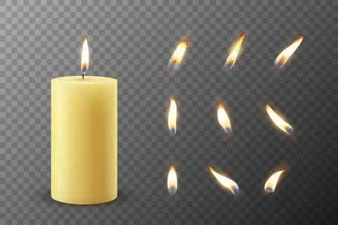 Vector 3d Realistic Paraffin Wax Burning Party, Spa Candle and Burning Flame Set Stock Illustration