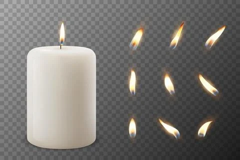 Vector 3D Realistic Paraffin Wax Burning Party Spa Candle and Burning Flame Set Illustrazione stock