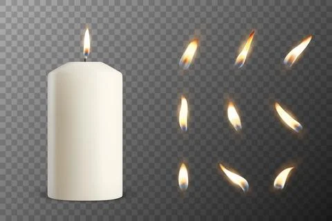 Vector 3D Realistic Paraffin Wax Burning Party Spa Candle and Burning Flame Set Stock Illustration