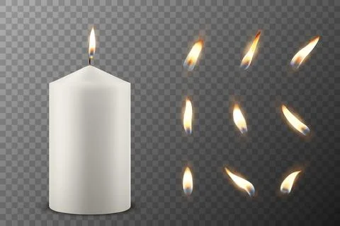Vector 3D Realistic Paraffin Wax Burning Party Spa Candle and Burning Flame Set Stock Illustration