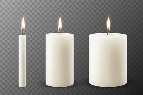 Vector 3D Realistic Paraffin Wax Burning Party Spa Candle and Burning Flame Set Stock Illustration