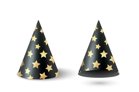 Vector 3d Realistic Party Hat Cone Set with Black Gold Stars, Isolated. Party Stock Illustration