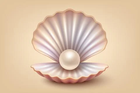 Vector 3d Realistic Pearl in Shell. Pearl Vector with Shiny Pearl on Pink Stock Illustration