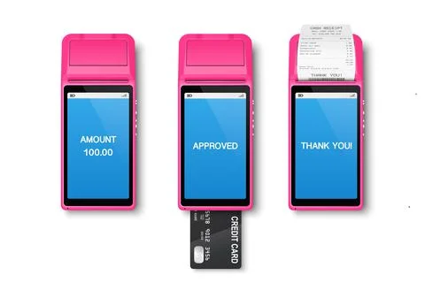 Vector 3d Realistic Pink Wi-Fi Payment Machine, Credit Card, Receipt. POS Illustrazione stock