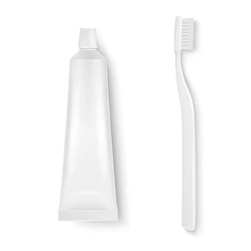 Vector 3d Realistic Plastic, Metal White Tooth Paste Tube and Tooth Brush Stock Illustration