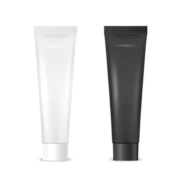 Vector 3d Realistic Plastic, Metal White and Black Tooth Paste, Cream Tube Stock Illustration