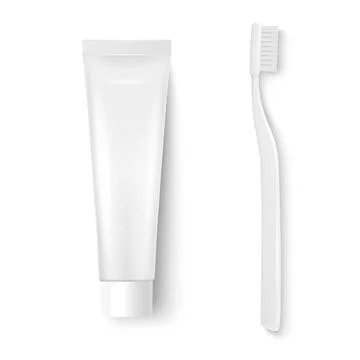 Vector 3d Realistic Plastic, Metal White Tooth Paste Tube and Tooth Brush Stock Illustration