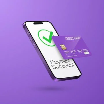 Vector 3d Realistic Purple Smartphone, Credit Card, Wi-Fi Successful Payment Stock Illustration