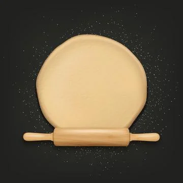 Vector 3d Realistic Raw Bread, Pizza Rolled Dough Pastry Sheet, Rolling Pin Stock Illustration