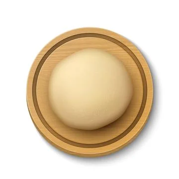 Vector 3d Realistic Raw Bread, Pizza Dough Pastry Ball, Round Wooden Cutting Stock Illustration