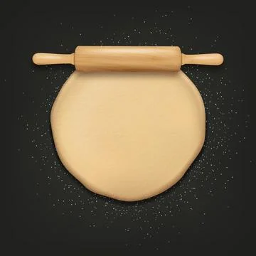 Vector 3d Realistic Raw Bread, Pizza Rolled Dough Pastry Sheet, Rolling Pin Stock Illustration