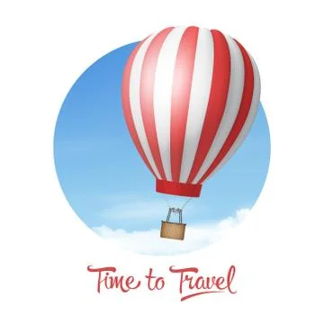 Vector 3d Realistic Red and White Hot Air Balloon on Blue Sky Background. Time Stock Illustration