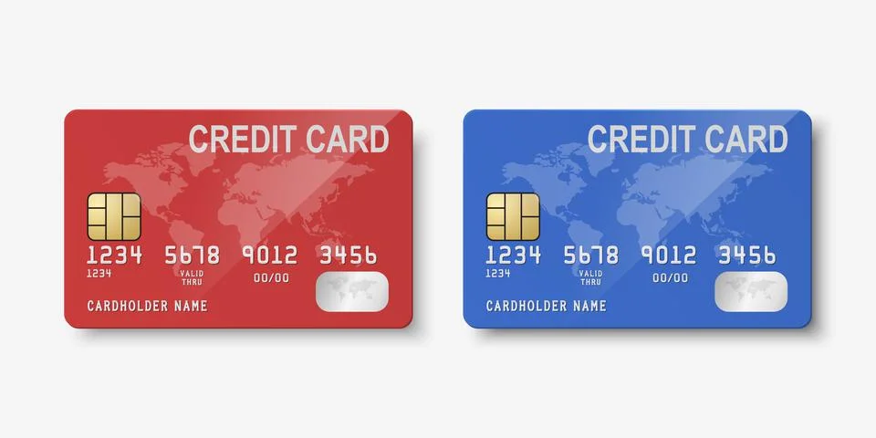 Vector 3d Realistic Red and Blue Blank Credit Card with Map Isolated. Design Illustrazione stock