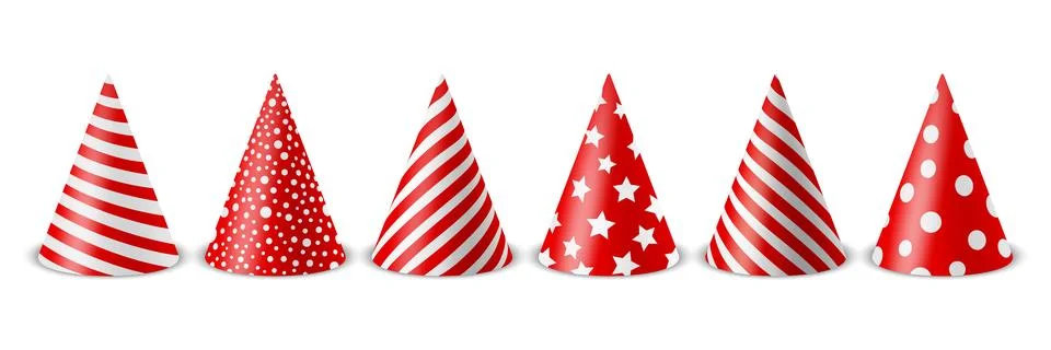 Vector 3d Realistic Red and White Birthday Party Hat Icon Set Isolated on White Illustrazione stock