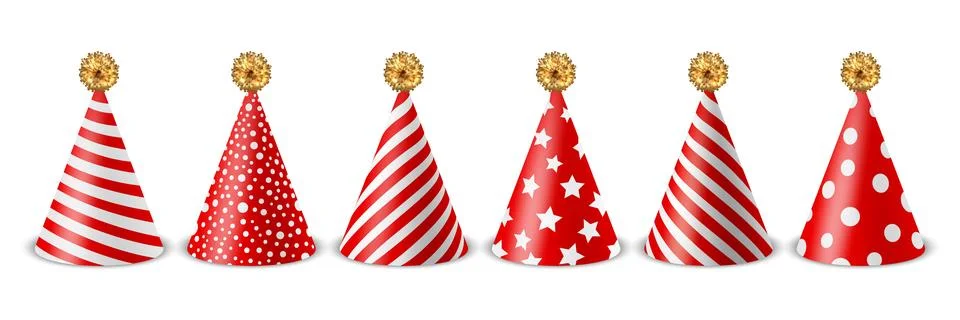 Vector 3d Realistic Red and White Birthday Party Hat Icon Set Isolated on White Stock-Illustration