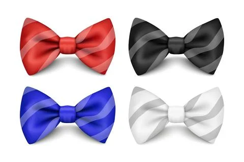 Vector 3D Realistic Red, Black, Blue, White Striped Bow Tie Set Isolated. Silk Illustrazione stock