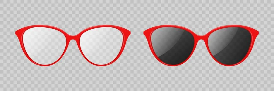 Vector 3d Realistic Red Cat Eye Glasses and Sunglasses Set, Isolated. Brown Stock Illustration
