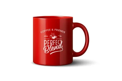 Vector 3d Realistic Red Coffee Mug Mockup with Vintage Typography Print. Ceramic Illustration