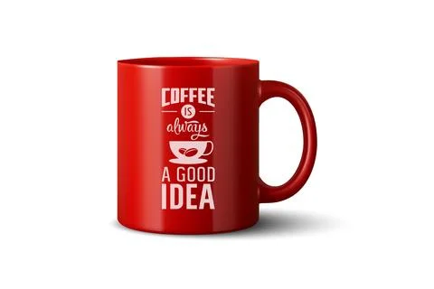 Vector 3d Realistic Red Coffee Mug Mockup with Vintage Typography Print. Ceramic Illustration