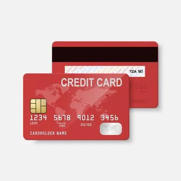 Vector 3d Realistic Red Credit Card with Map Isolated. Design Template of Illustrazione stock