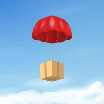 Vector 3d Realistic Red Flying Parachute with Paper Cardboard Boxe on Blue Sky 스톡 일러스트